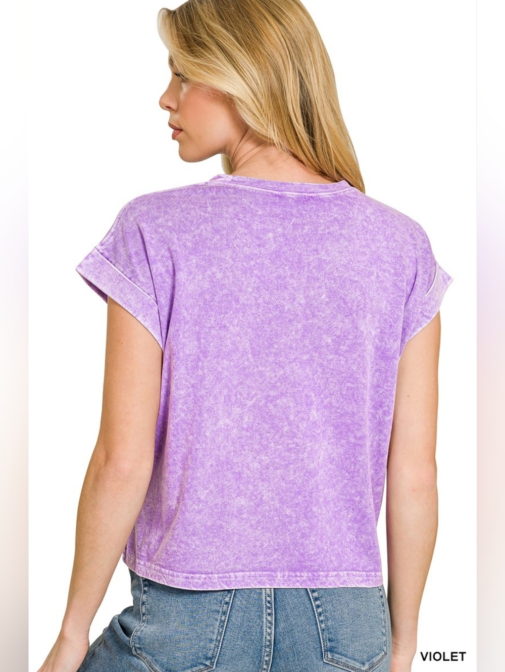 Zenana Halo Snow Washed Cotton Cuffed Short Sleeve Top- New Arrival!! - Picture 3 of 5